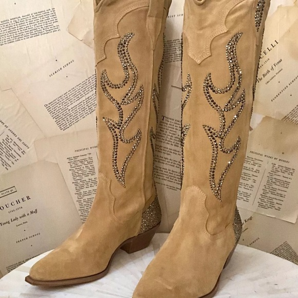 Free People Nashville Nights Cowboy Boot Tan Suede Pewter Rhinestones - Picture 4 of 9